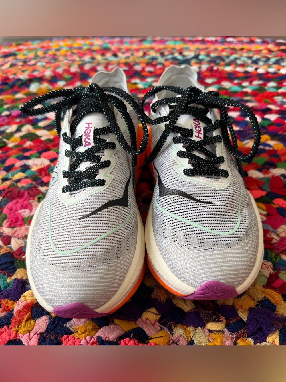 Hoka Mach x2
Women's Light Gray Running Shoes with Orange & Mint Accents - Picture 3 of 8
